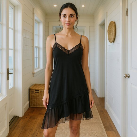 Vintage Sears 1970s Sexy Pinup Lace Asymmetrical Sheer Black Slip Dress Medium M - Picture 1 of 10